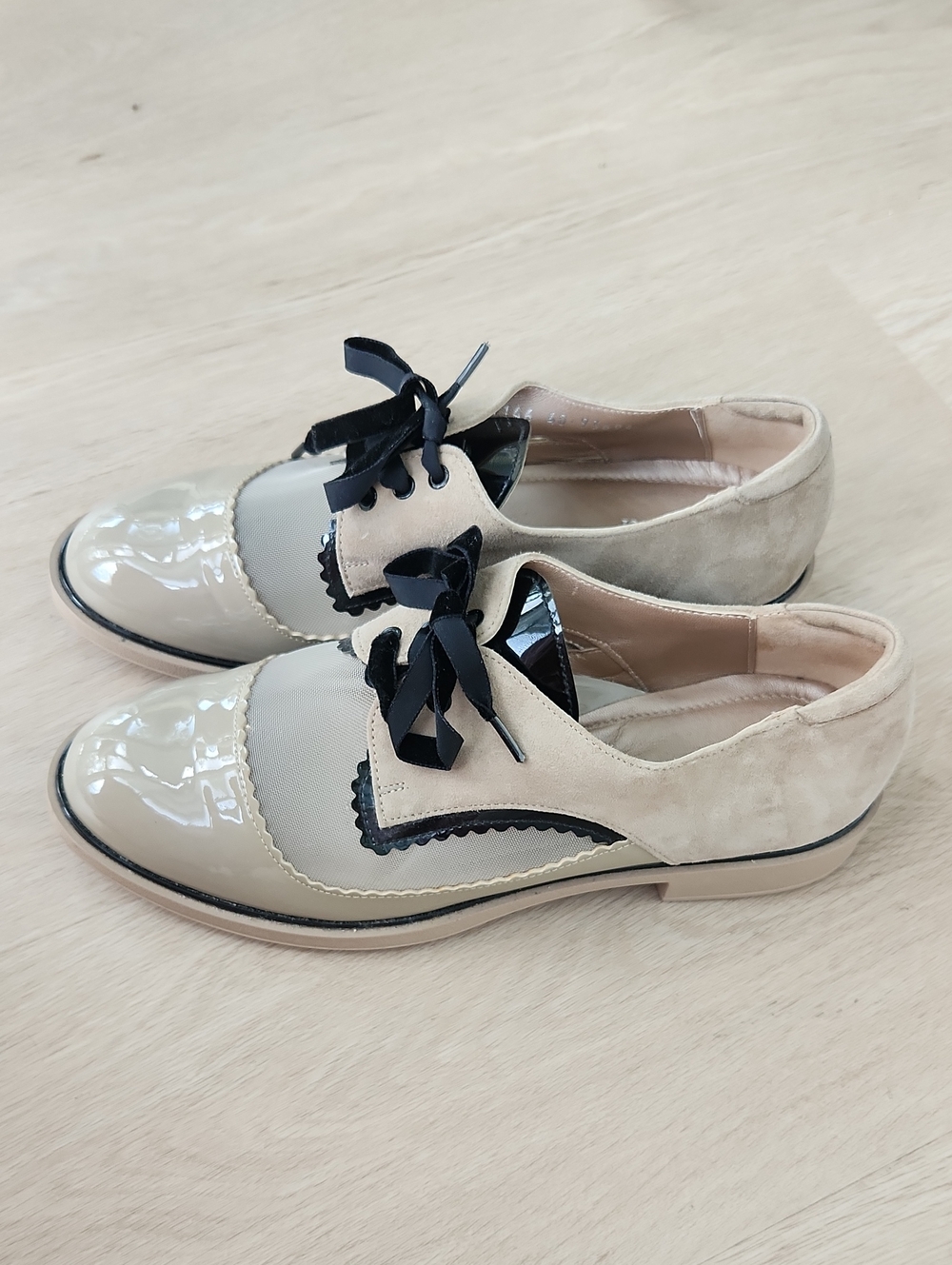 BeautiFeel Beige and Black Patent-Toe Lace-Up Flats
